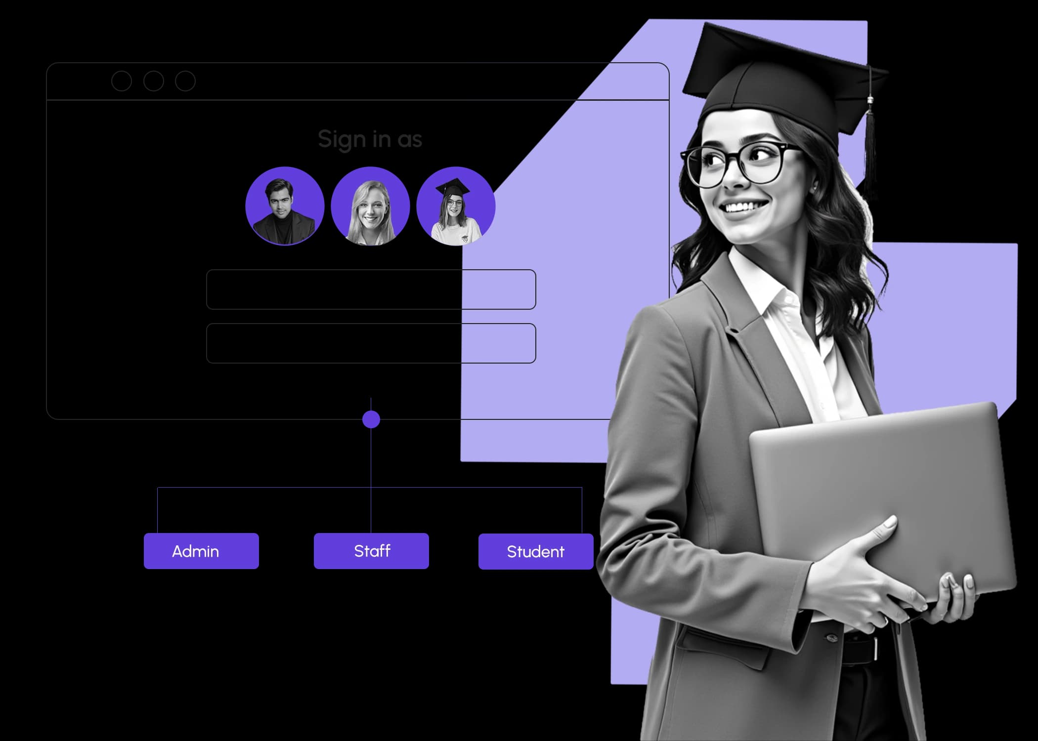 Écran de connexion E-Scooly avec choix du rôle : administrateur, personnel, élève